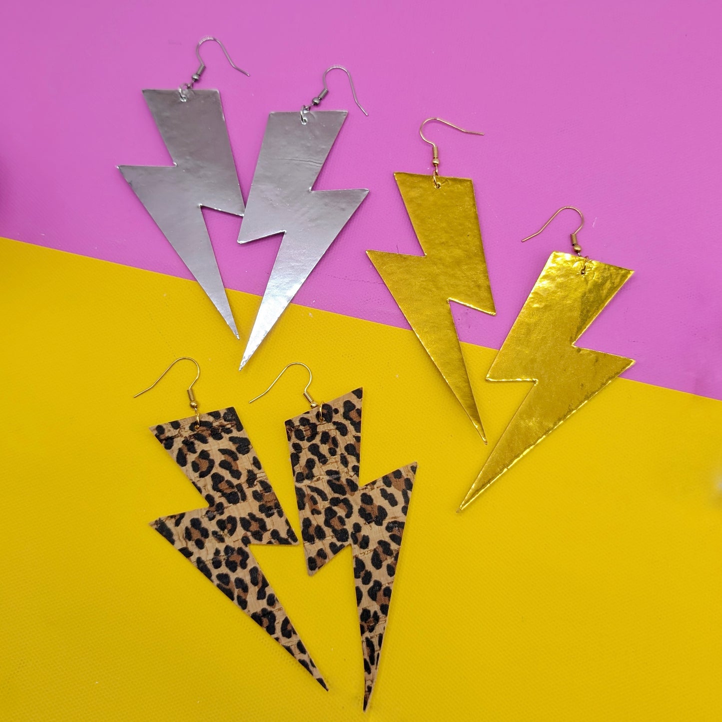 Extra large leopard print lightning bolt earrings