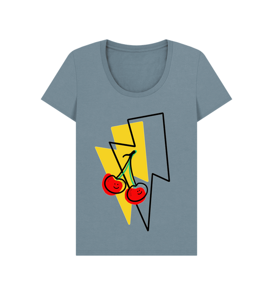 Stone Blue Large cherry lightning bolt scoop neck t-shirt