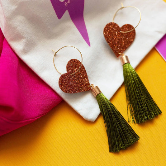 Copper glitter and olive tassel earrings Trend Tonic