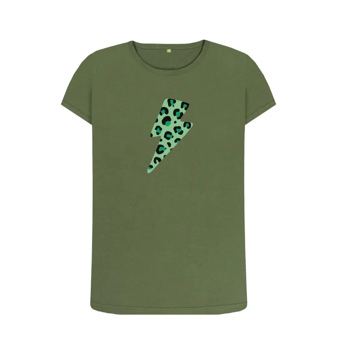 Green leopard print lightning bolt crew neck tshirt - Trend Tonic