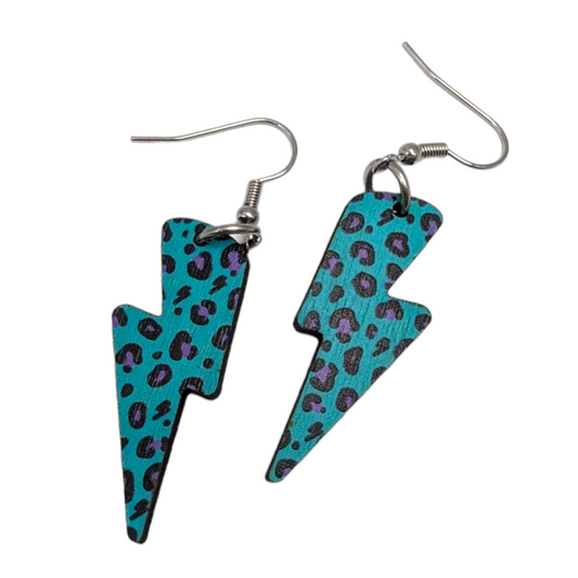 Wooden blue leopard lightning bolt earrings Trend Tonic