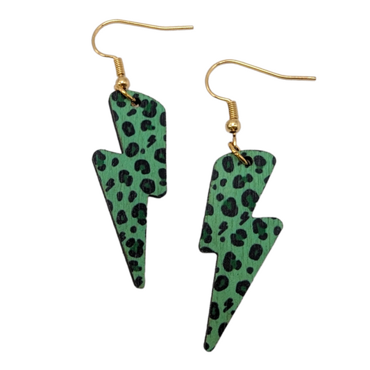 Wooden green leopard lightning bolt earrings Trend Tonic