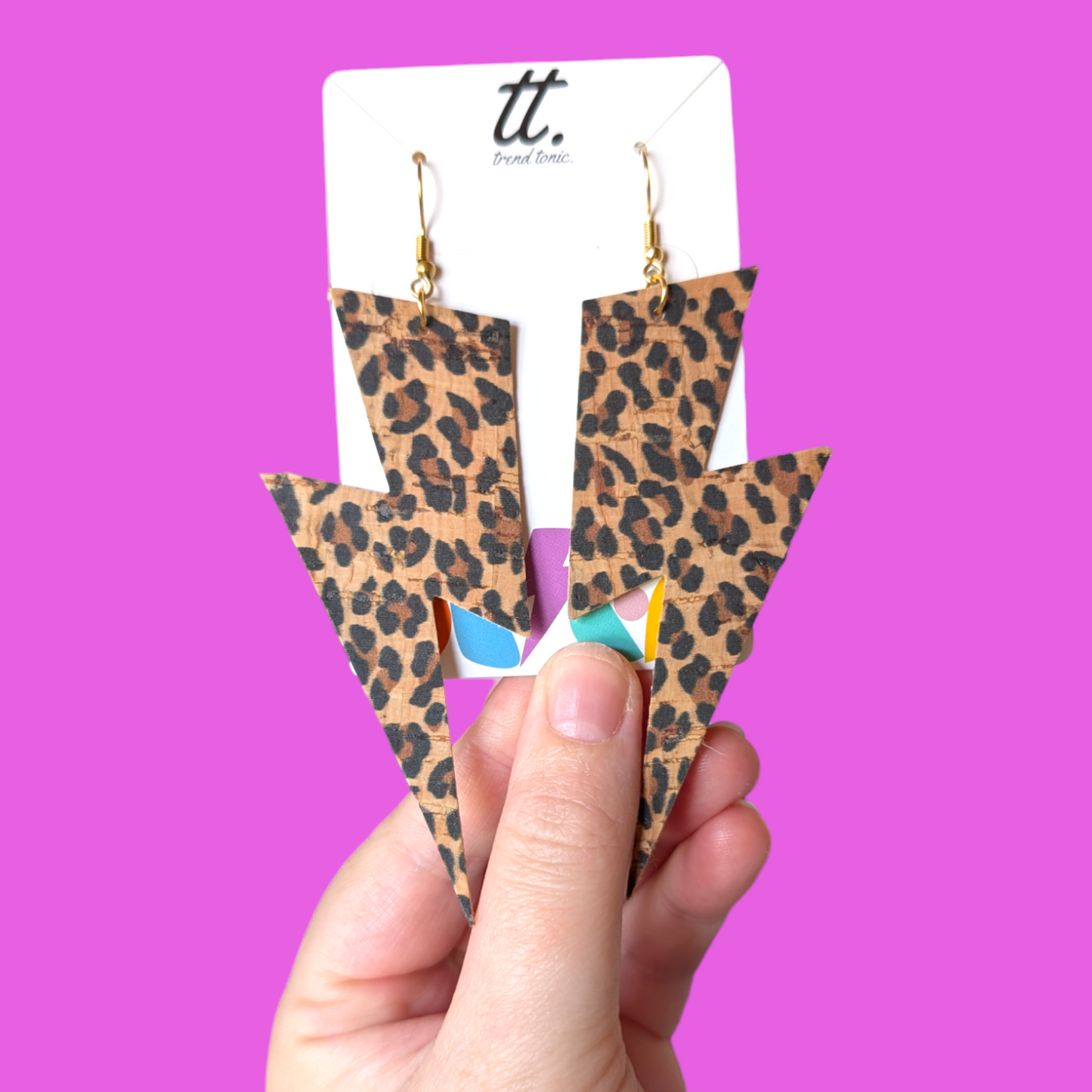 Extra large leopard print lightning bolt earrings