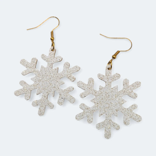 White and gold glitter snowflake earrings Trend Tonic