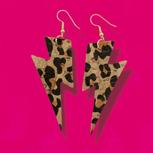 Big Leopard Print Cork Lightning Bolt Earrings - Trend Tonic