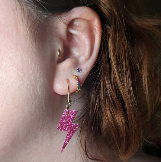 Cherry red mini glitter lightning bolt earrings - Trend Tonic