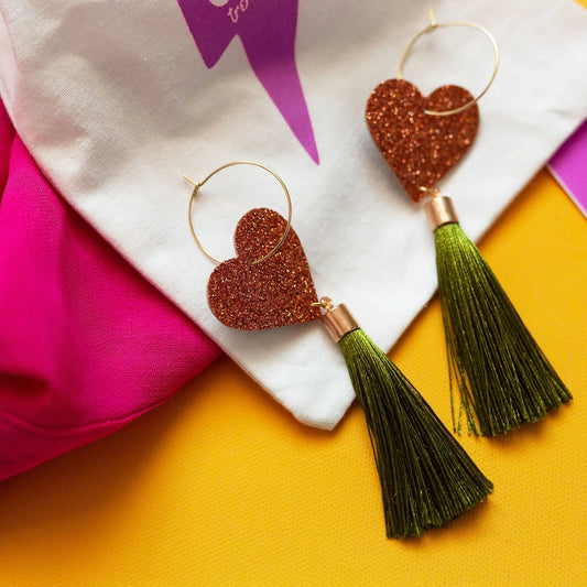 Copper glitter and olive tassel earrings - Trend Tonic