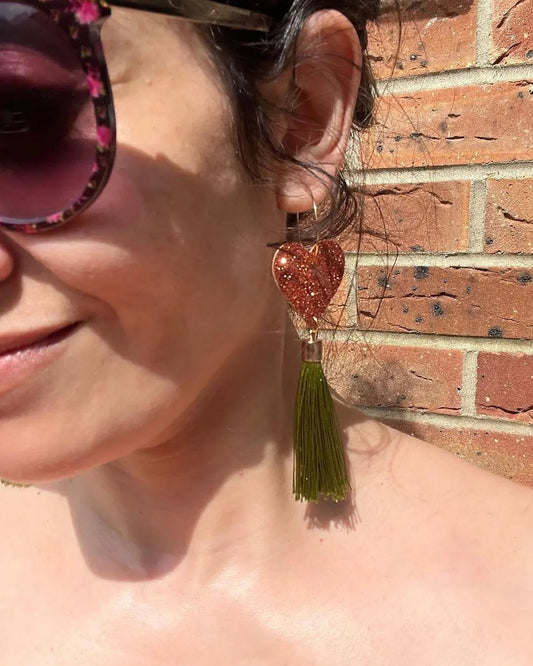 Copper glitter and olive tassel earrings - Trend Tonic