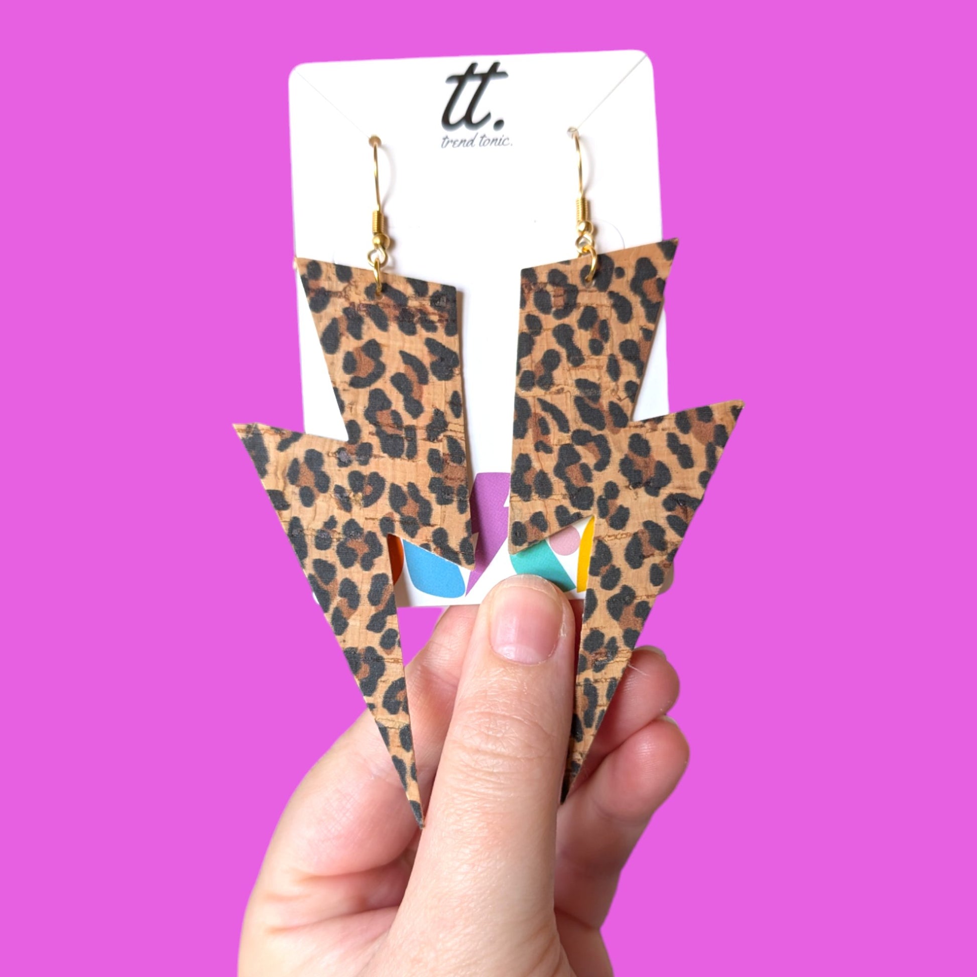 Extra large leopard print lightning bolt earrings - Trend Tonic