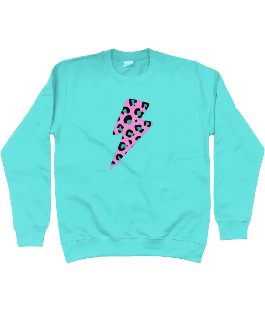 Pink and turquoise leopard print lightning bolt AWDis Sweatshirt - Trend Tonic