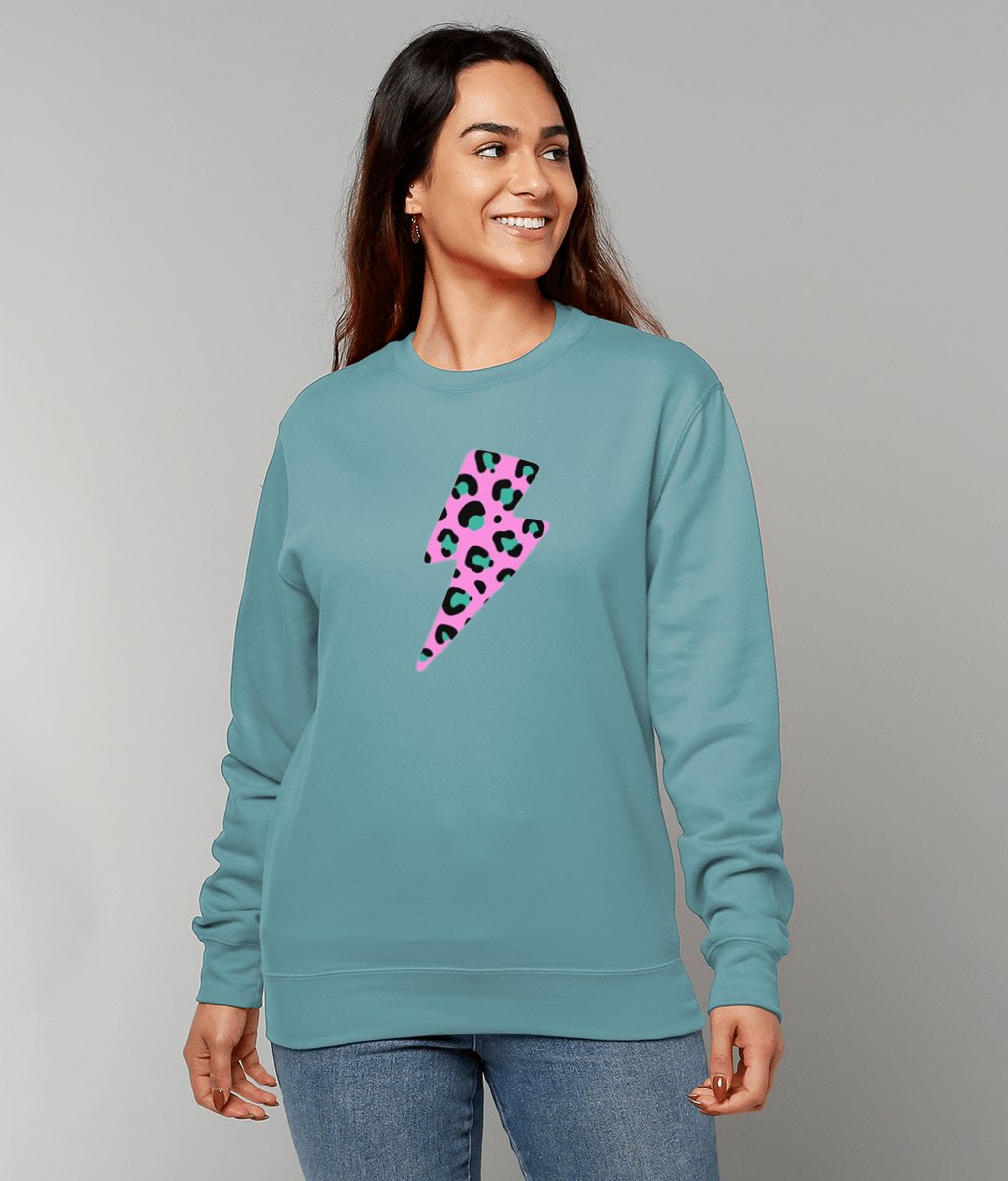 Pink and turquoise leopard print lightning bolt AWDis Sweatshirt - Trend Tonic