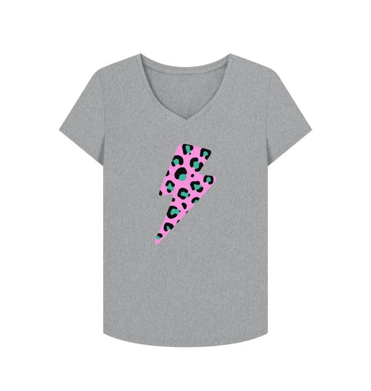 Pink leopard print lightning bolt V neck t-shirt - Trend Tonic