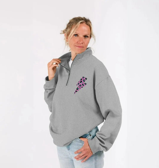 Quarter zip pink leopard print lightning bolt sweatshirt - Trend Tonic