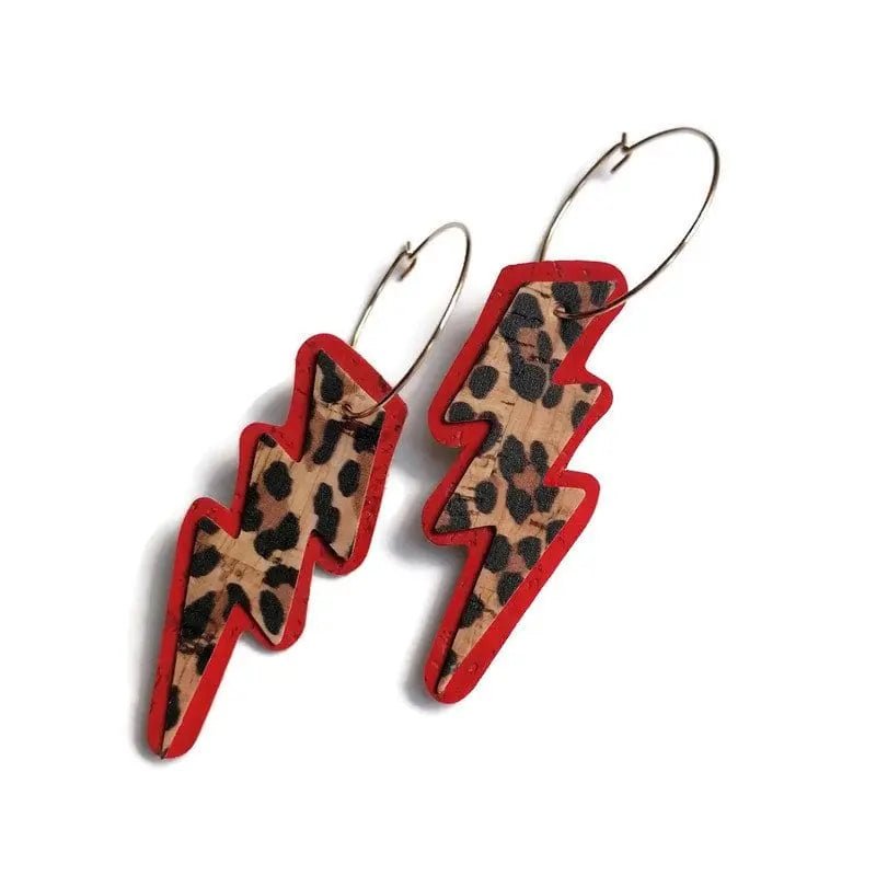 Red and cheetah cork lightning hoop earrings - Trend Tonic