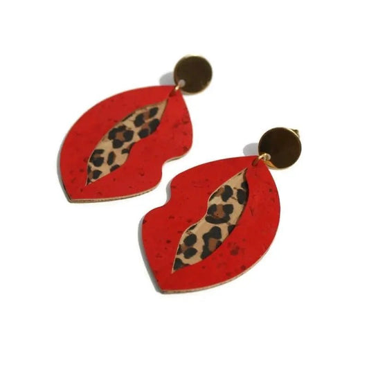 Red and Cheetah cork Lip Earrings - Trend Tonic