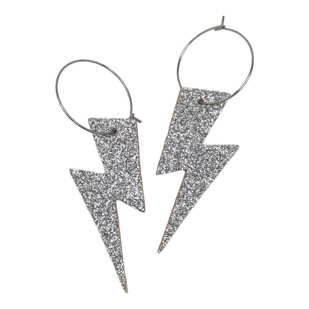 Silver glitter lightning bolt hoop earrings - Trend Tonic